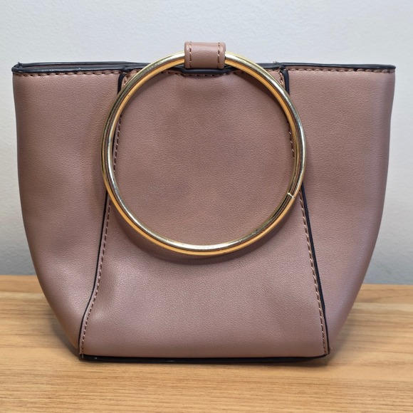 Colab Taupe/Pink Faux Leather Top‎ Handle Bag Gold Ring Handles - Picture 2 of 7